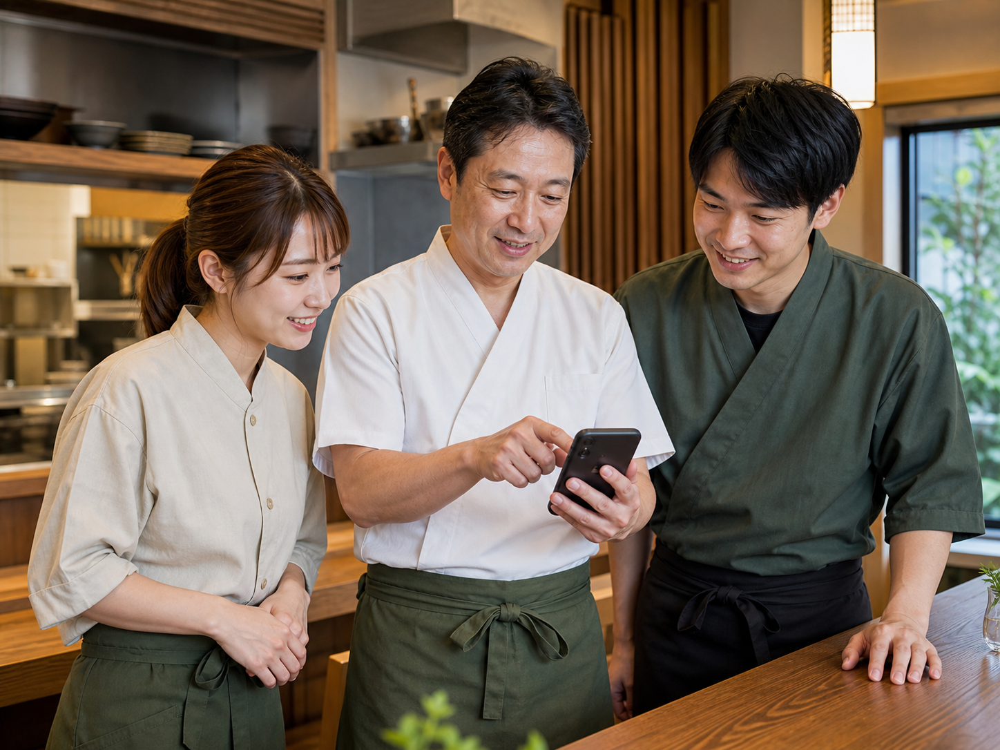 店内でスマートフォンを囲み、投稿内容を確認するオーナーとスタッフ2名